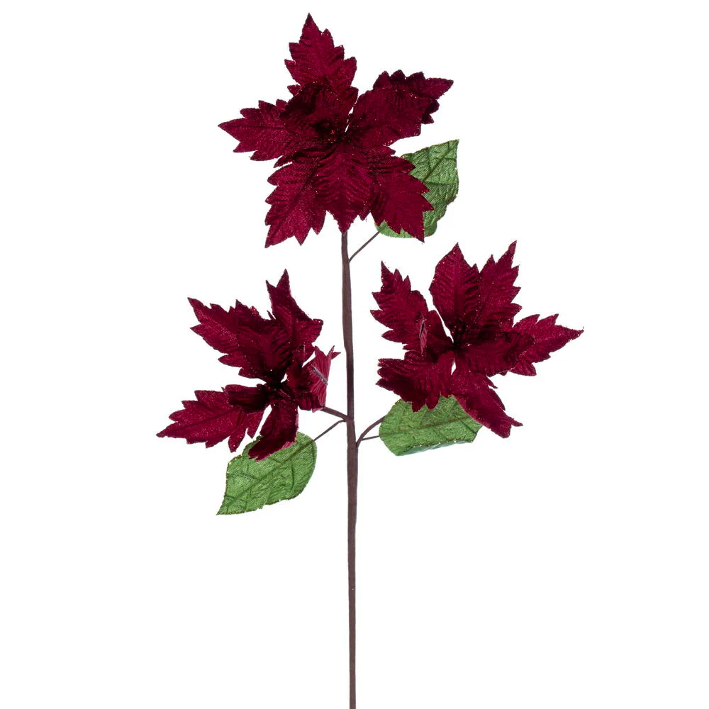 26"x6" Glittered Velvet Artificial Razor Poinsettia Flower Stem -Burgundy (Pack of 12)