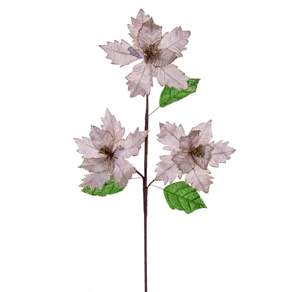 26"x6" Glittered Velvet Artificial Razor Poinsettia Flower Stem -Champagne (Pack of 12)