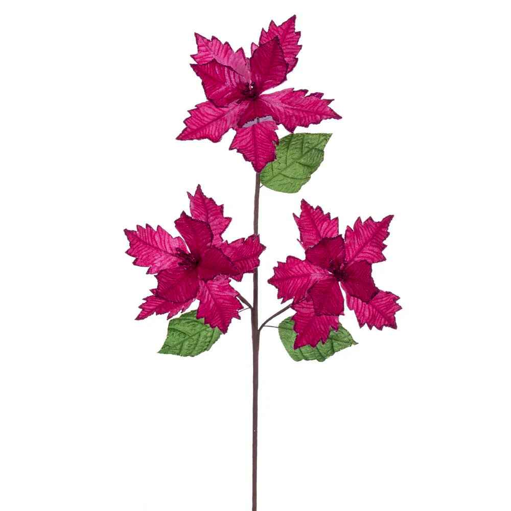 26"x6" Glittered Velvet Artificial Razor Poinsettia Flower Stem -Fuchsia (Pack of 12)