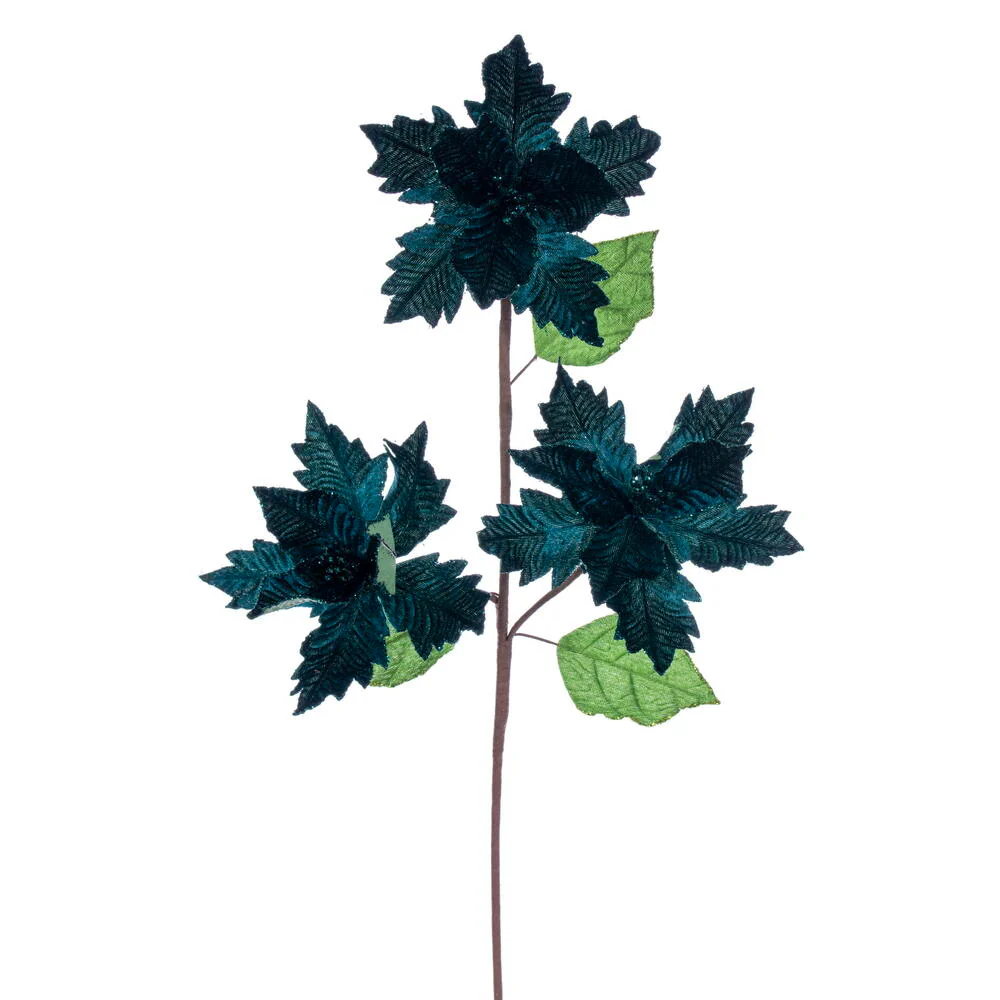 26"x6" Glittered Velvet Artificial Razor Poinsettia Flower Stem -Midnight Green (Pack of 12)