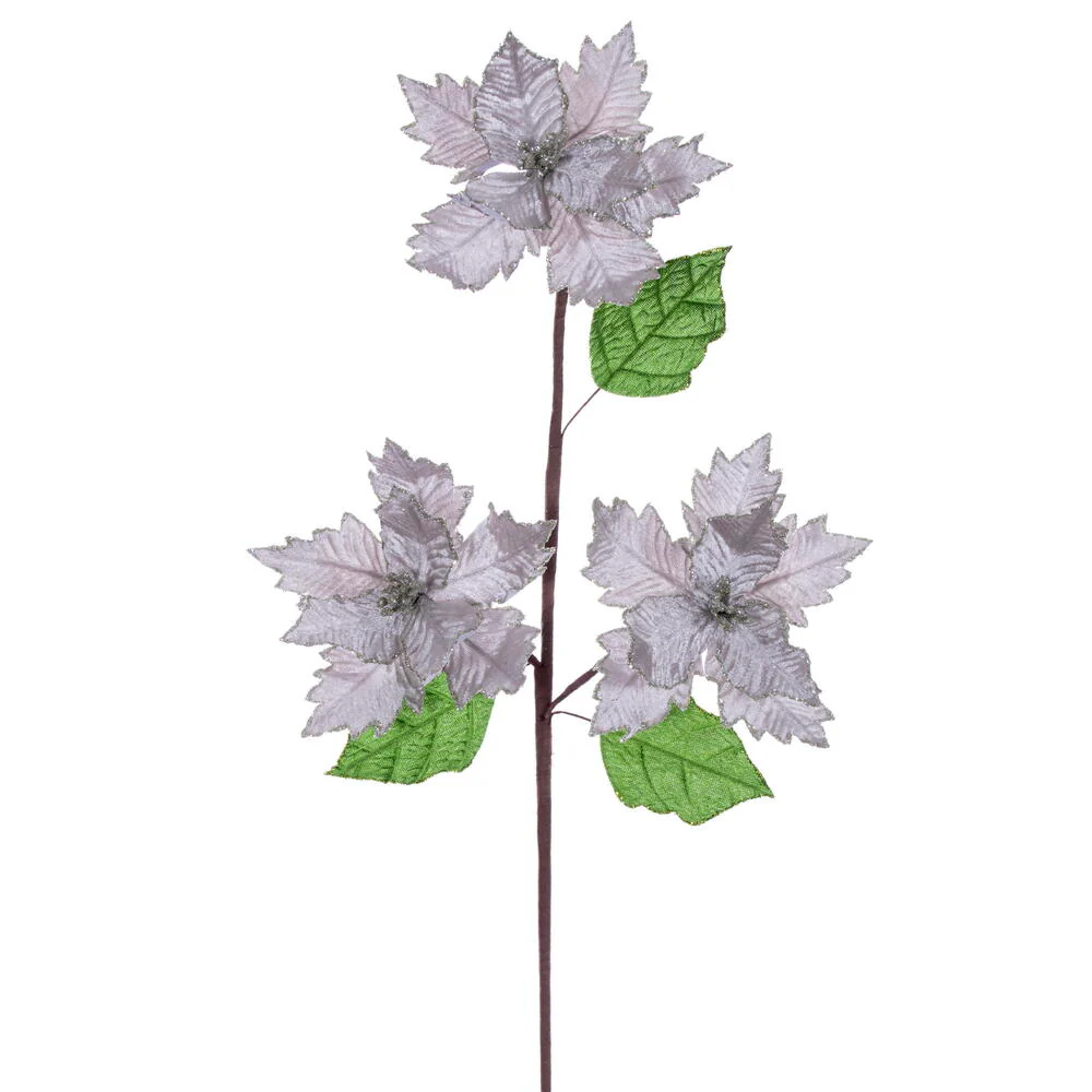 26"x6" Glittered Velvet Artificial Razor Poinsettia Flower Stem -Pewter (Pack of 12)