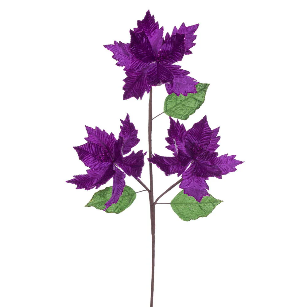 26"x6" Glittered Velvet Artificial Razor Poinsettia Flower Stem -Plum (Pack of 12)