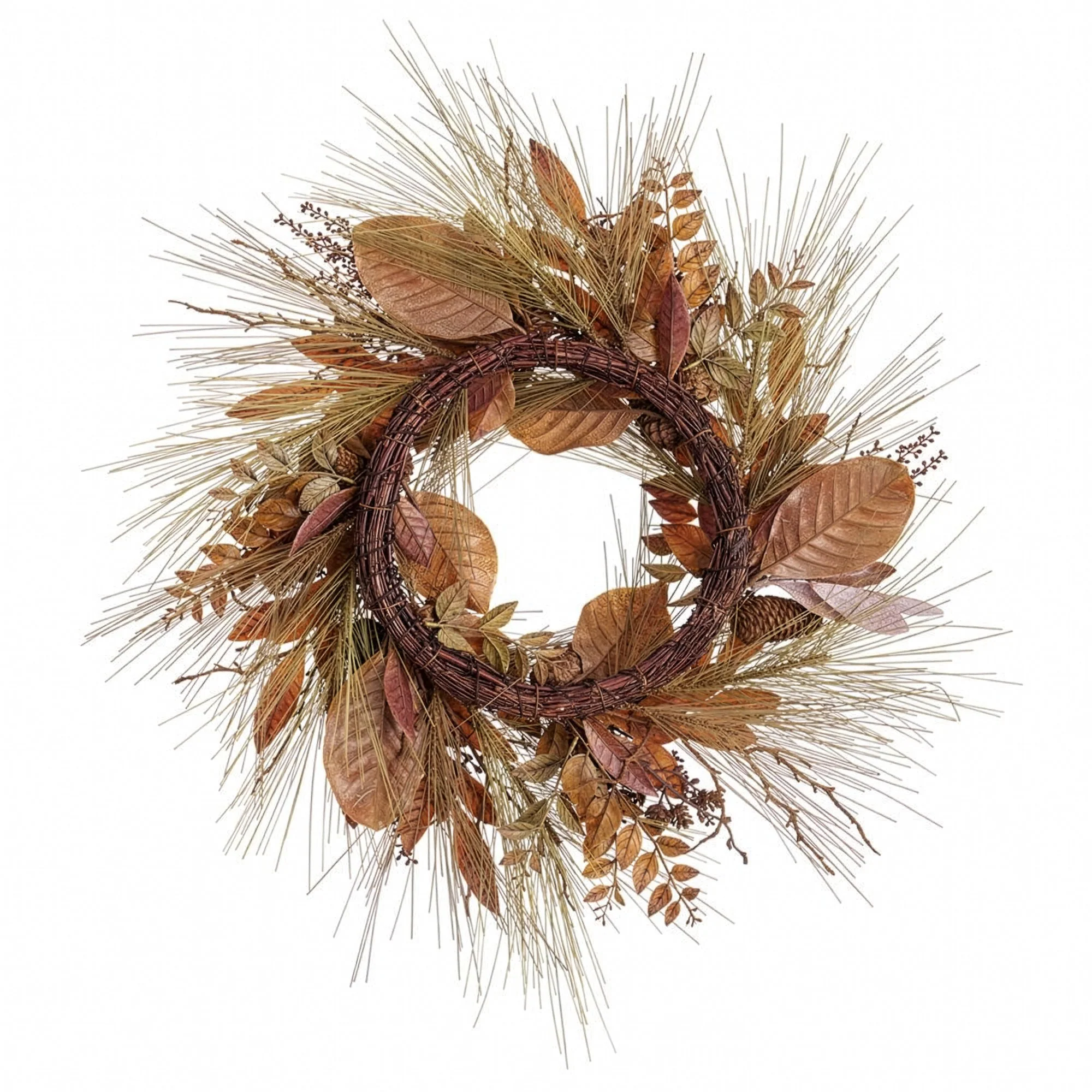 27" Artificial Pinecone, Bay Leaf & Pine Wreath -Brown/Green (Pack of 2) - Image 2