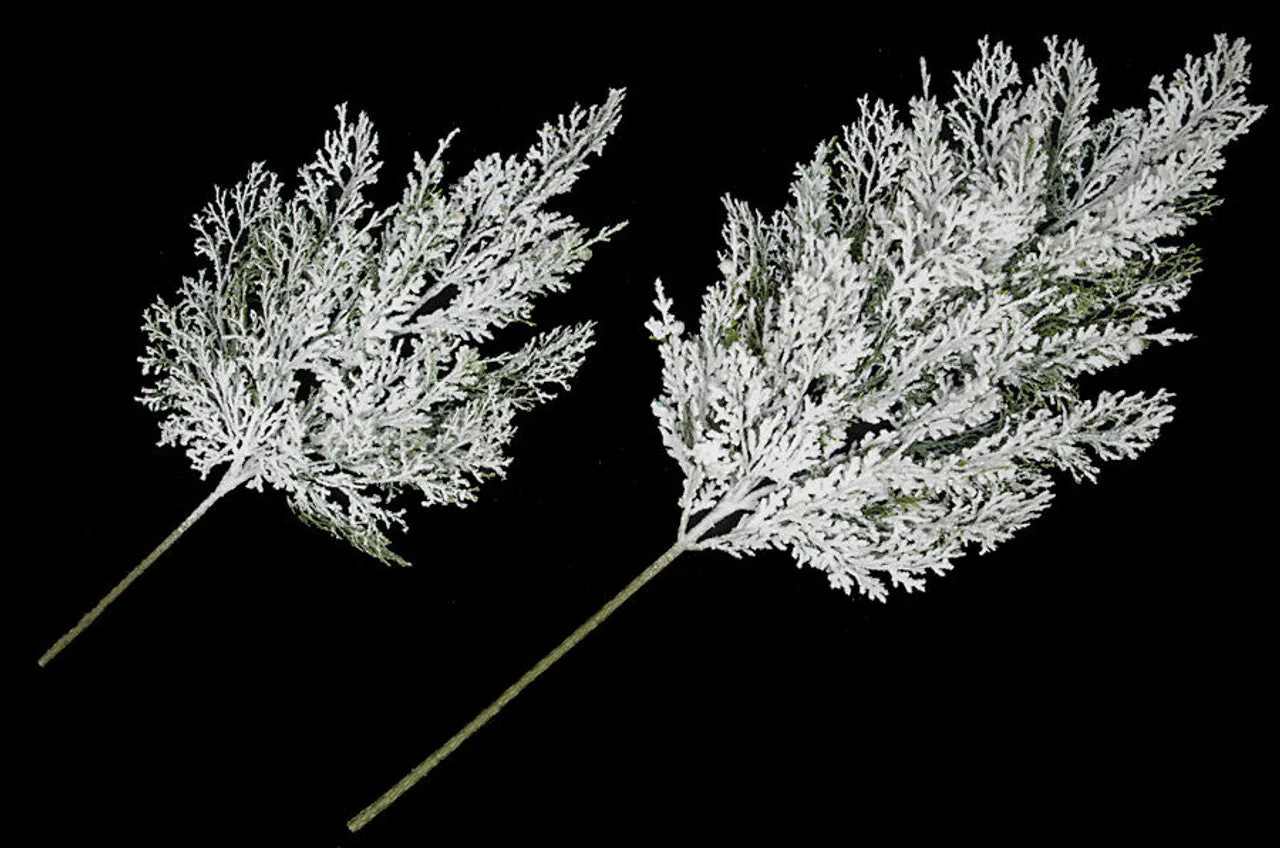 27" Flocked & Glittered Artificial Cypress Stem -White/Green (Pack of 12) - Image 3
