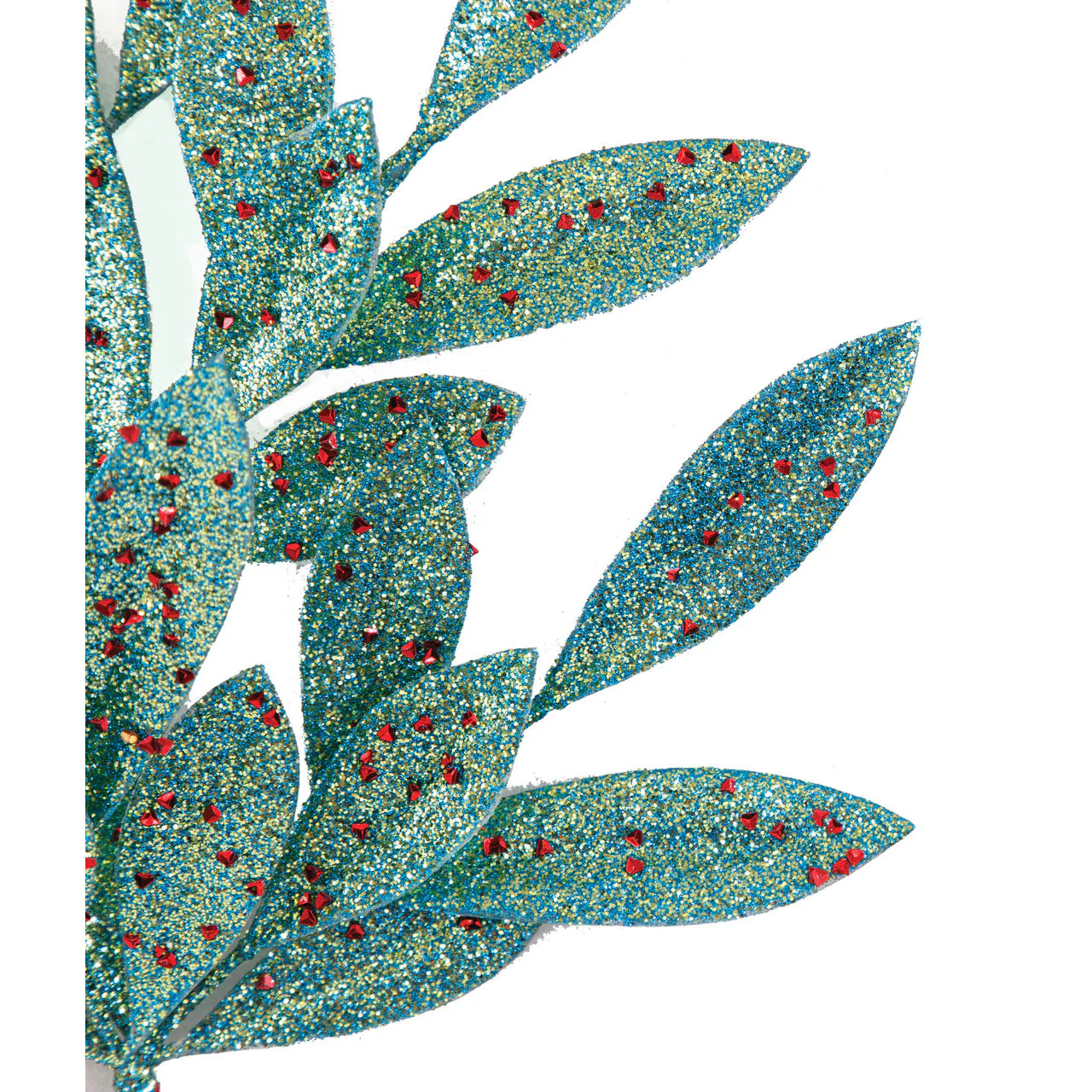 27" Glittered Artificial Bay Leaf Stem -Aqua/Red (Pack of 12) - Image 2
