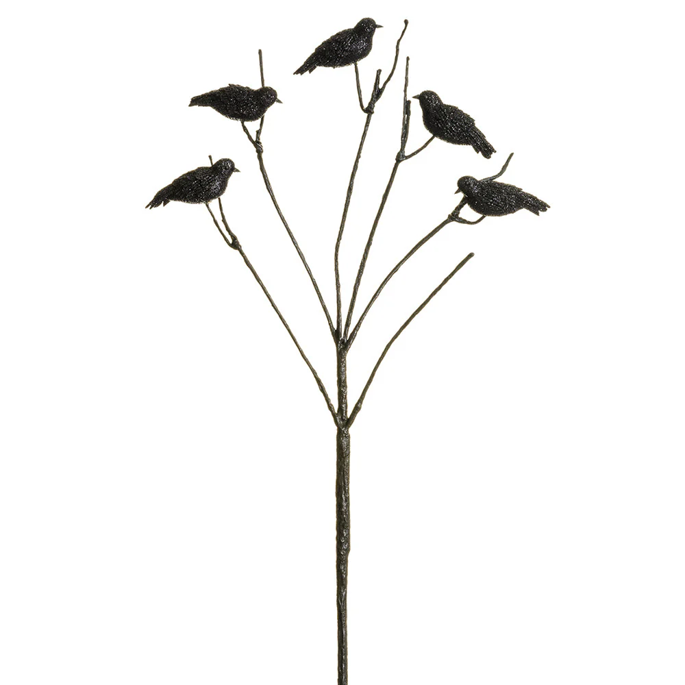 27" Halloween Glittered Crow Stem Pick -Black (Pack of 12)