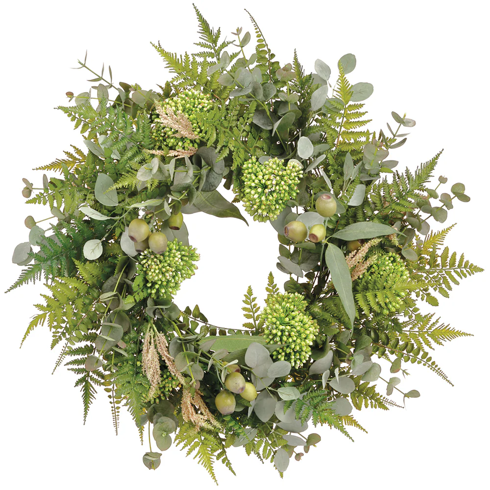 27" Silk Eucalyptus, Sedum & Fern Wreath -Green