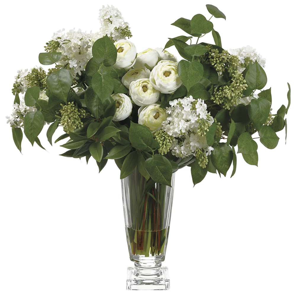 28.5" Silk Lilac & Ranunculus Flower Arrangement w/Glass Vase -Cream/Green