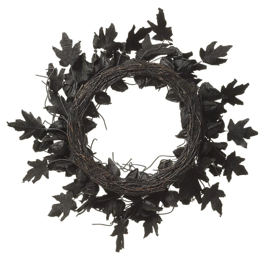 28" Artificial Halloween Chinese Lantern & Leaf Wreath -Black (Pack of 2) - Image 2