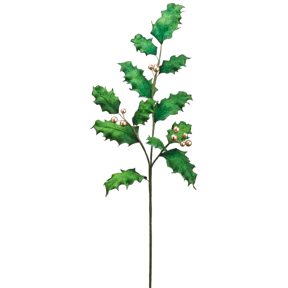 28" Artificial Holly Leaf & Berry Stem -Green/Gold (Pack of 6)