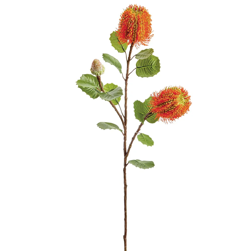 28" Banksia Protea Silk Flower Stem -Orange (Pack of 12)