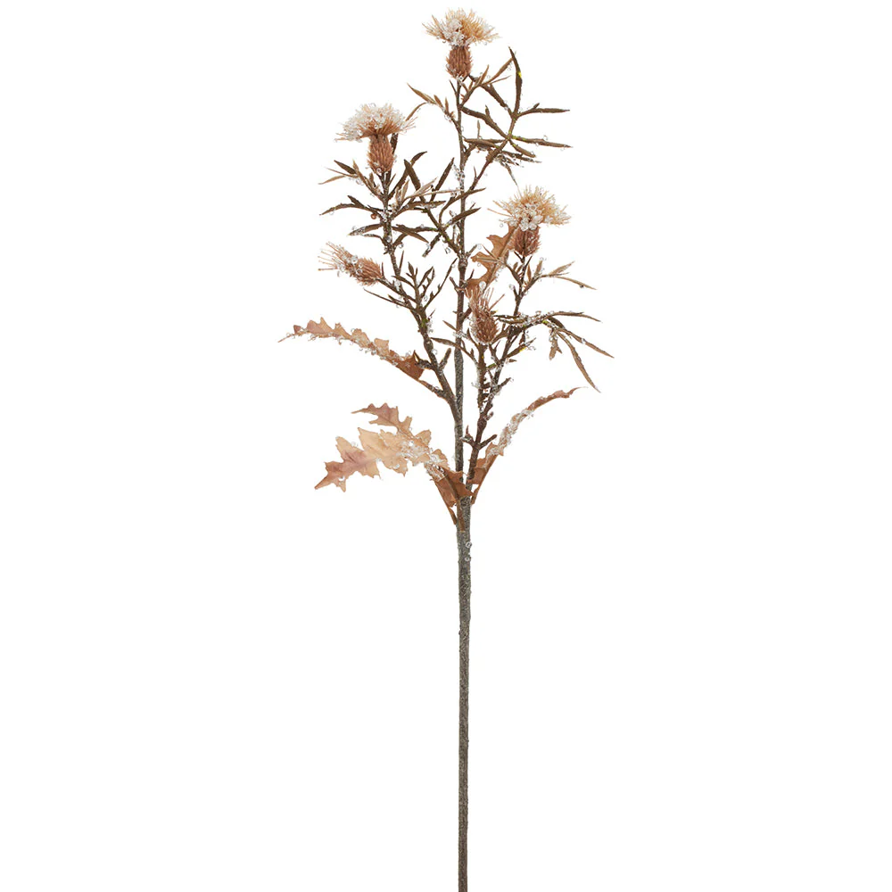 28" Beaded & Flocked Artificial Thistle Flower Stem -Brown/White (Pack of 12)