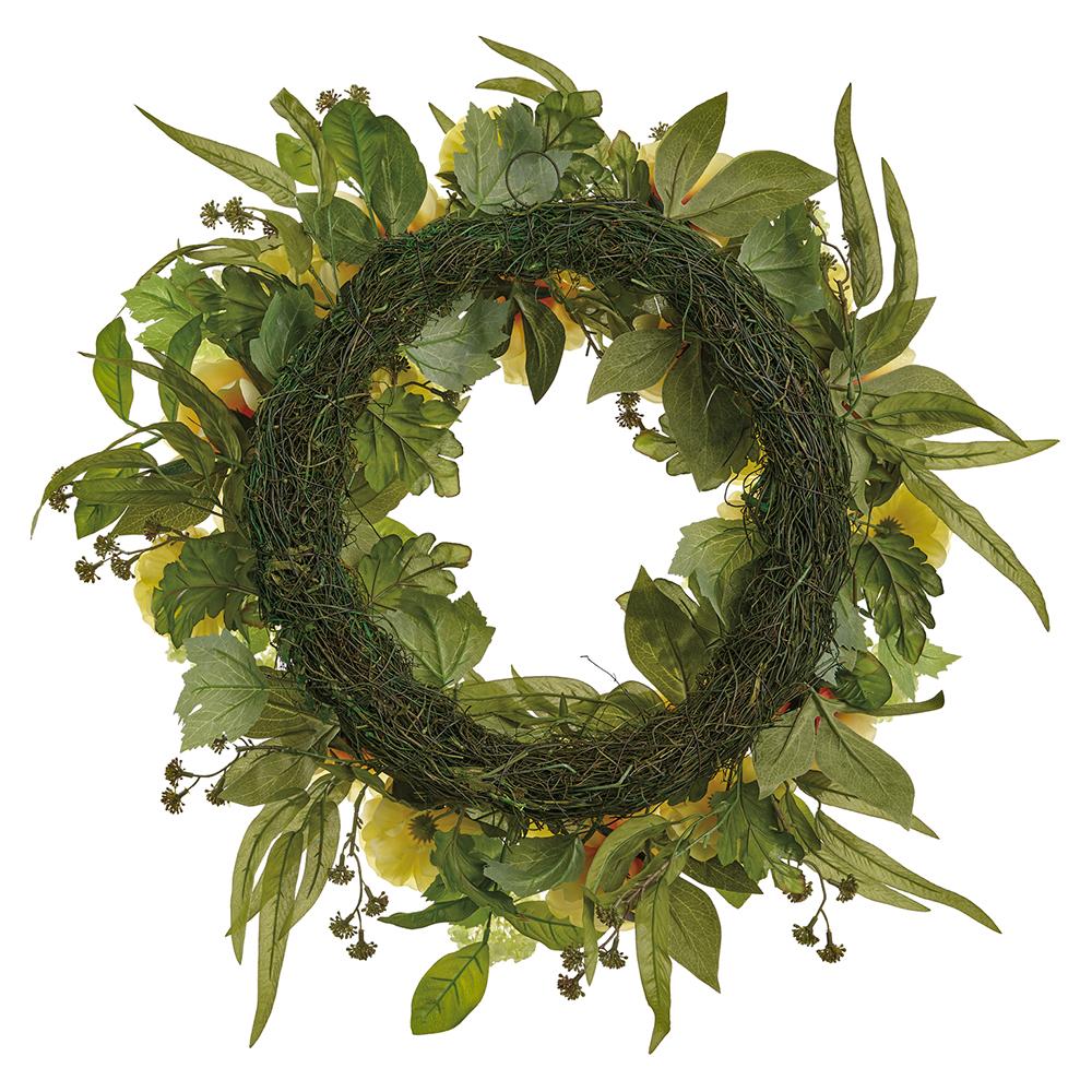 28" Cabbage Rose & Snowball Silk Flower Wreath -Yellow/Green (Pack of 2) - Image 2