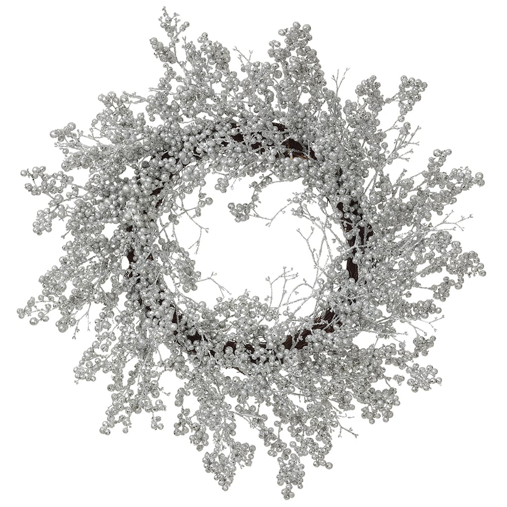 28" Glittered Glamour Berry Artificial Wreath -Silver (Pack of 2)