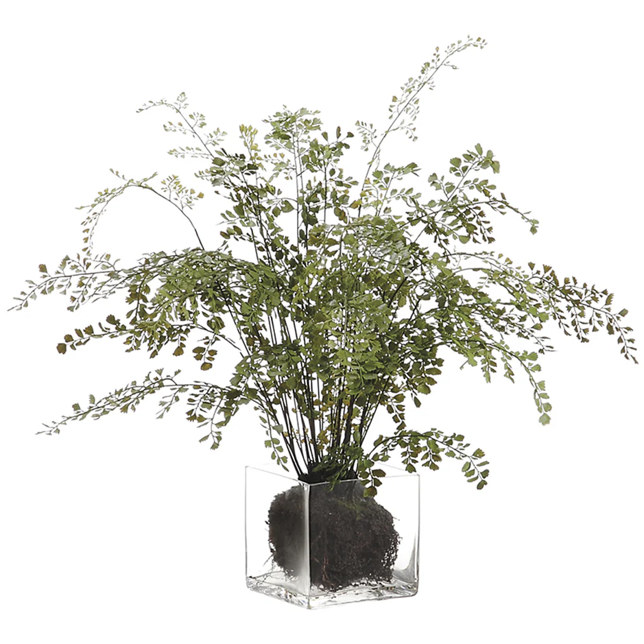 28" Maidenhair Fern Silk Plant w/Glass Vase -Green