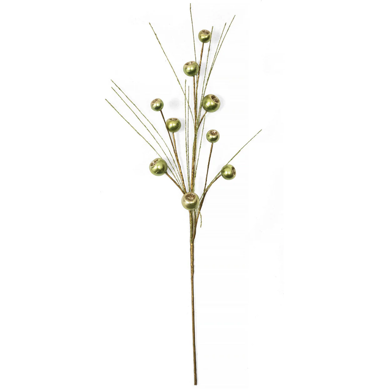 28" Metallic & Glittered Styrofoam Berry & PVC Needles Artificial Stem -Light Green (Pack of 12)