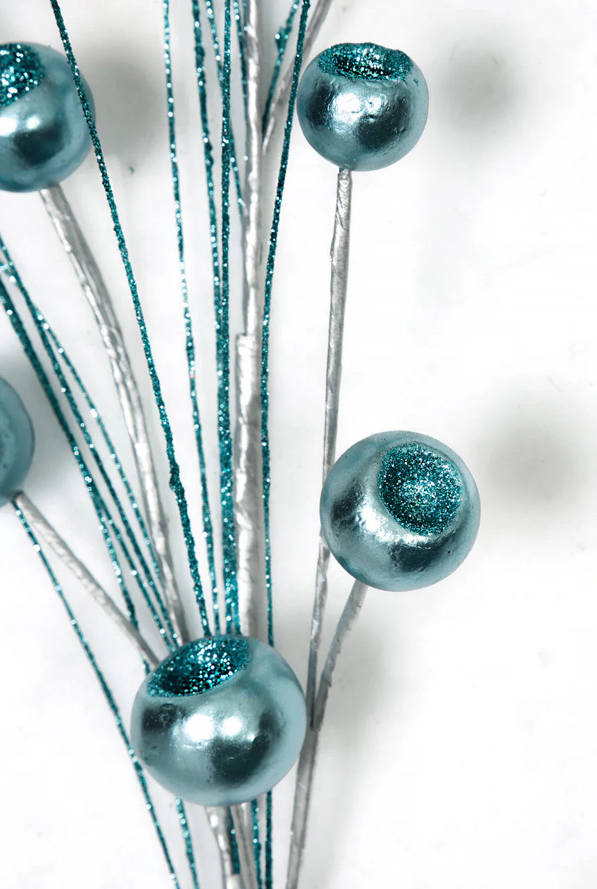 28" Metallic & Glittered Styrofoam Berry & PVC Needles Artificial Stem -Turquoise (Pack of 12) - Image 2