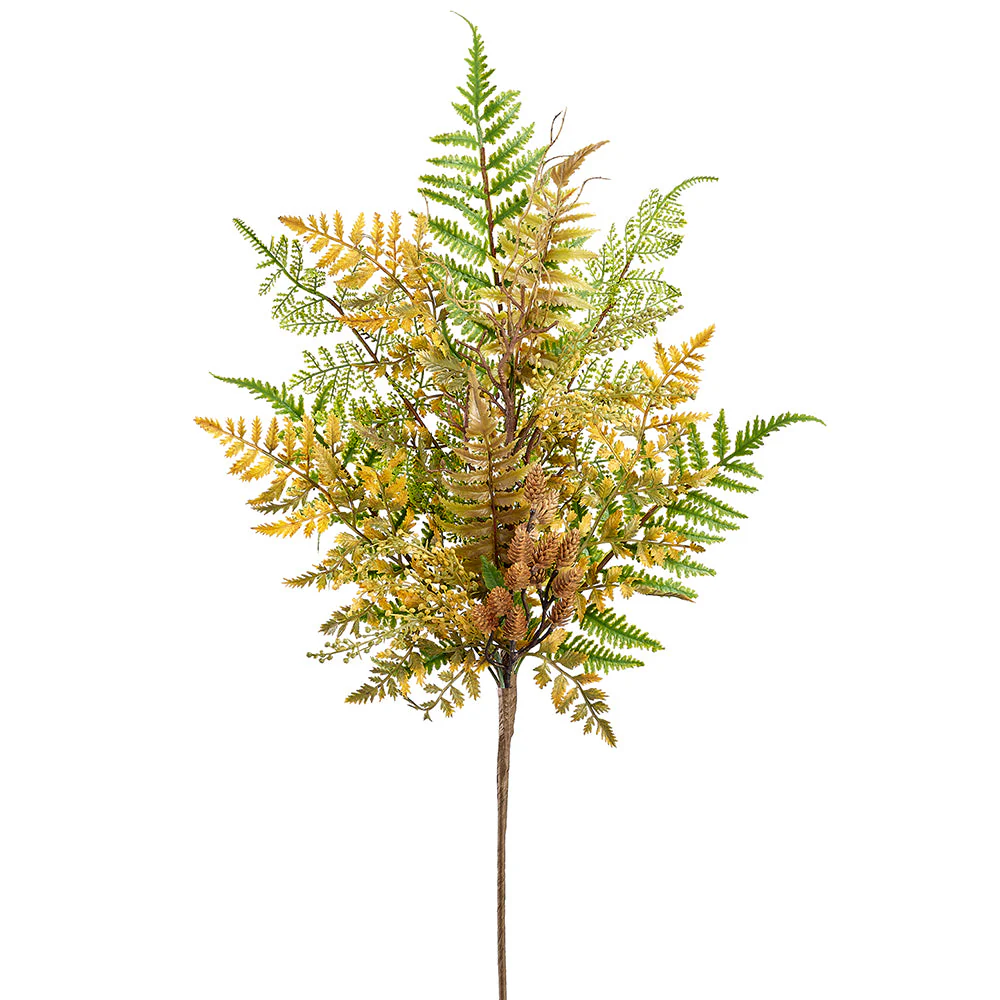 28" Mixed Fern Leaf & Pinecone Artificial Stem -Tan/Green (Pack of 12)