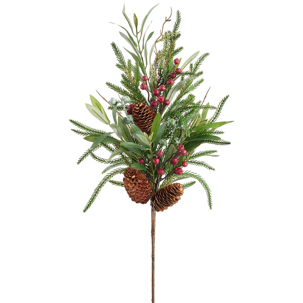 28" Pinecone, Berry, Eucalyptus Leaf & Pine Artificial Stem -Green/Brown (Pack of 6)