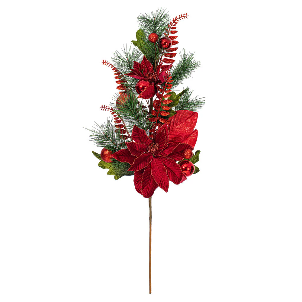 28" Silk Poinsettia Flower, Ball, Pine & Fern Leaf Stem -Red (Pack of 2)