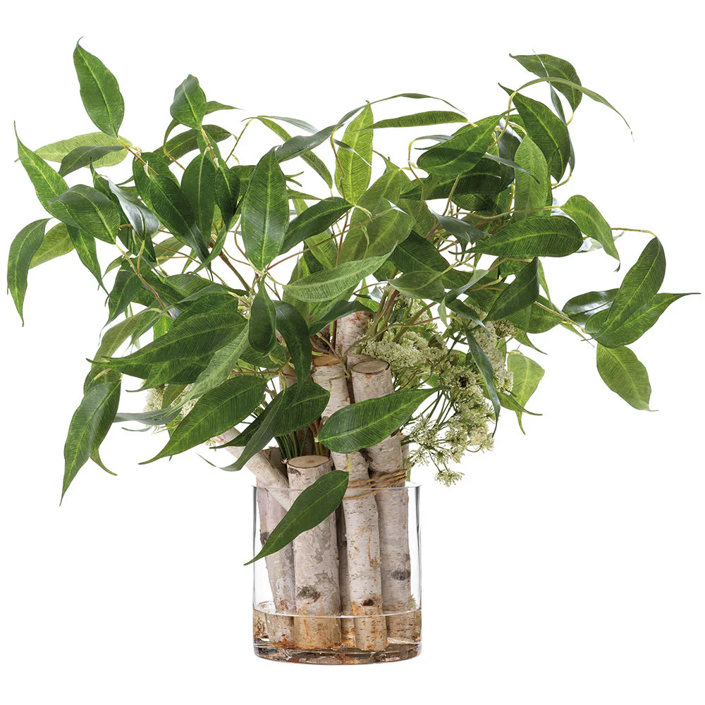 28"Hx36"W Eucalyptus Leaf, Queen Anne Lace & Birch Silk Flower Arrangement w/Glass Vase -Green