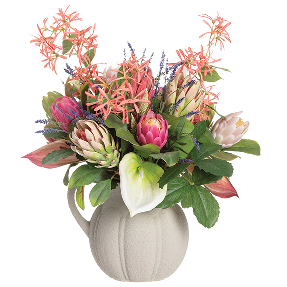 29"Hx27"W Protea, Fringetree Blossom & Anthurium Silk Flower Arrangement w/Terra Cotta Pitcher -Pink/Green