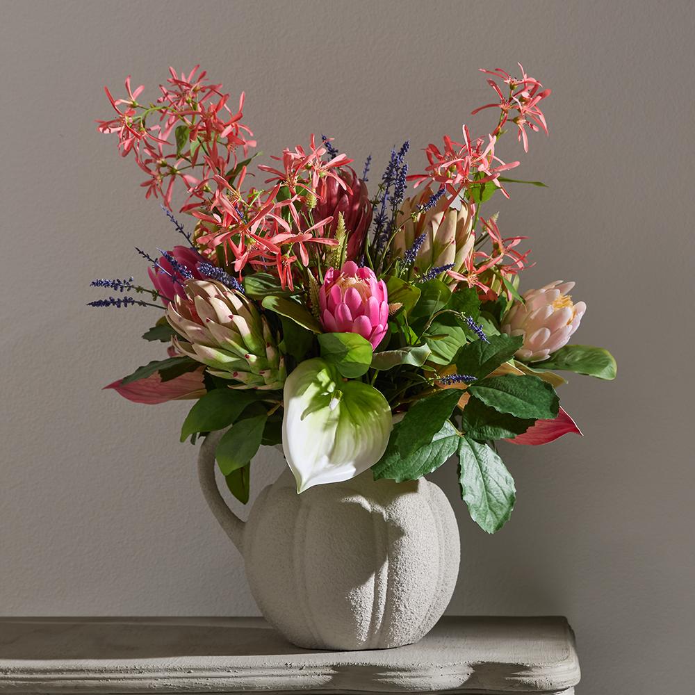 29"Hx27"W Protea, Fringetree Blossom & Anthurium Silk Flower Arrangement w/Terra Cotta Pitcher -Pink/Green - Image 2