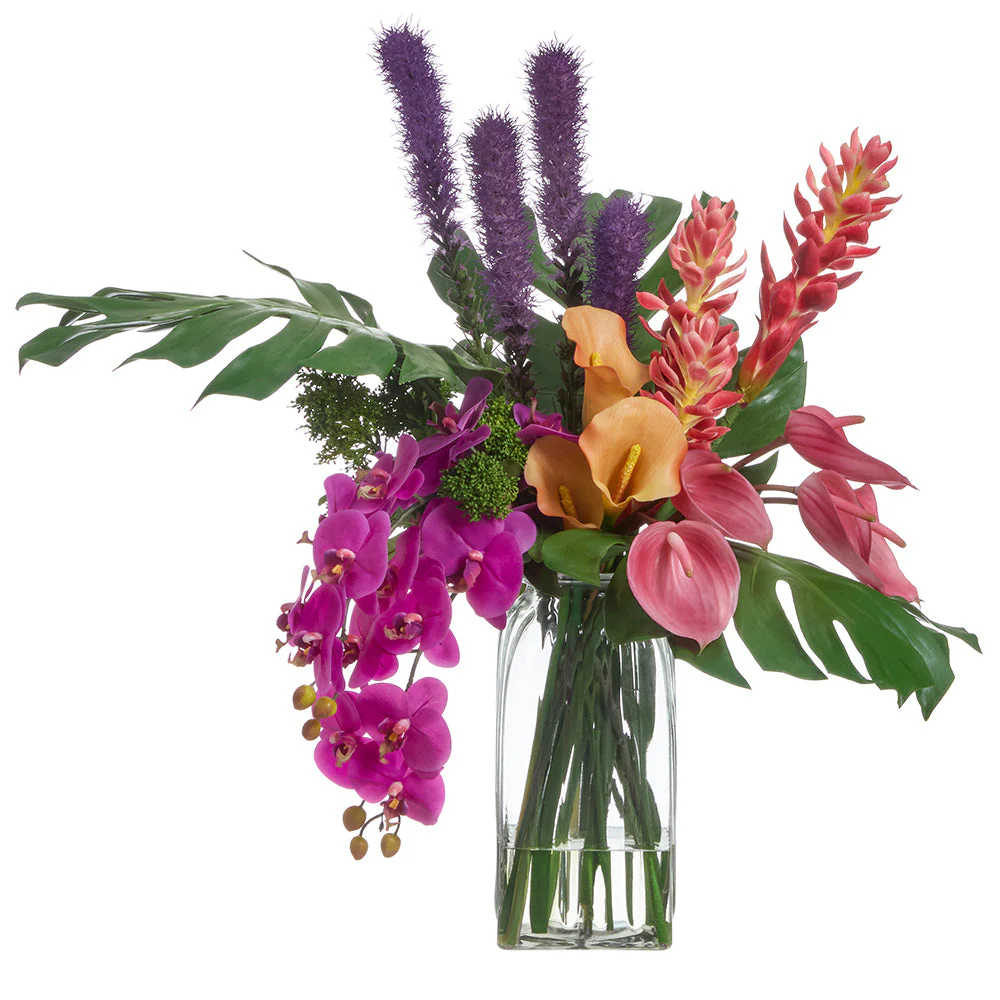 29"Hx30"W Mixed Tropical Silk Flower Arrangement w/Glass Vase -Mixed Colors