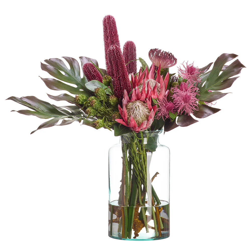 29"Hx30"W Protea, Banksia & Monstera Silk Flower Arrangement w/Glass Vase -Pink/Green