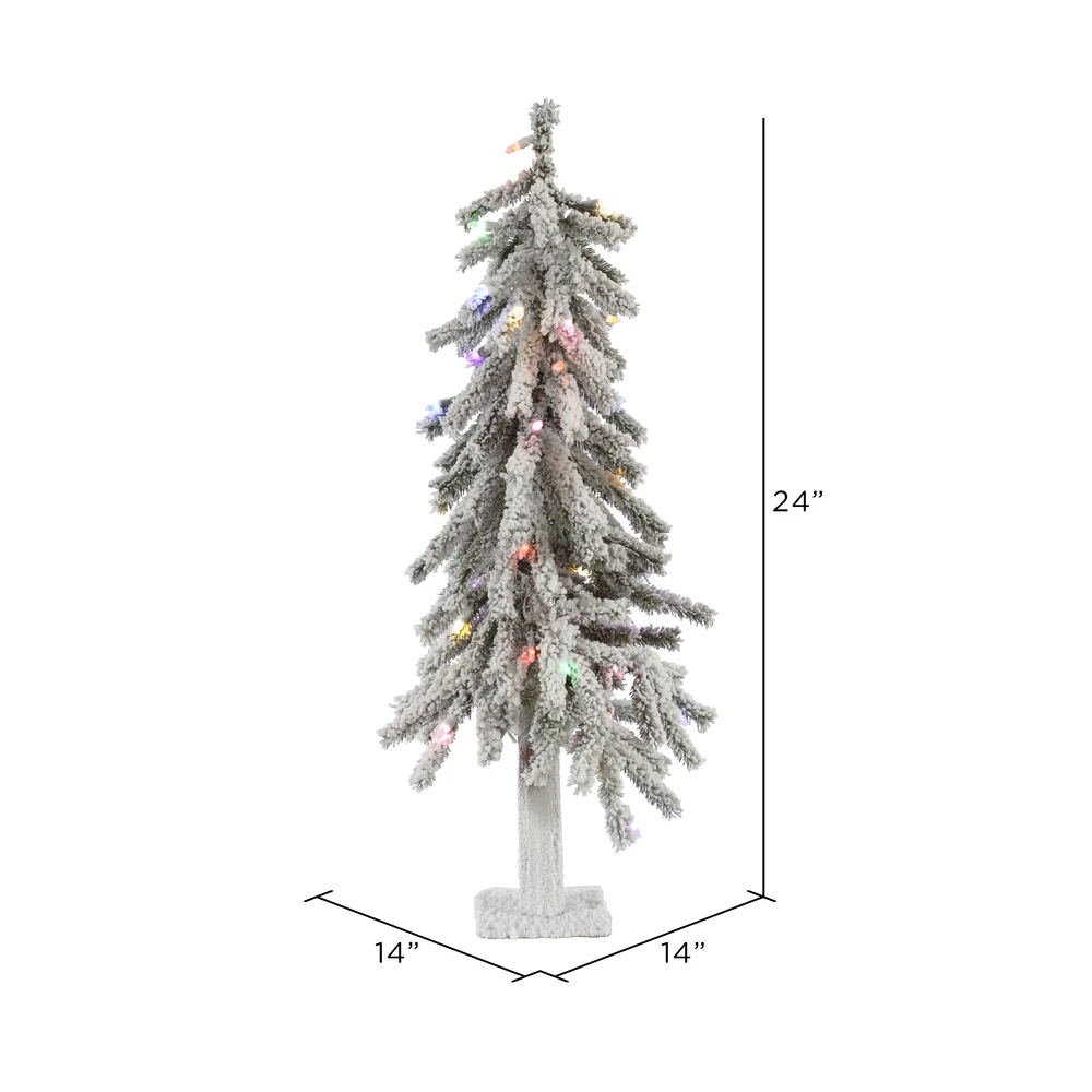 2'Hx14"W Flocked Natural Trunk Alpine Artificial Christmas Tree, LED Pre-Lit (Multicolor) -White/Green - Image 2