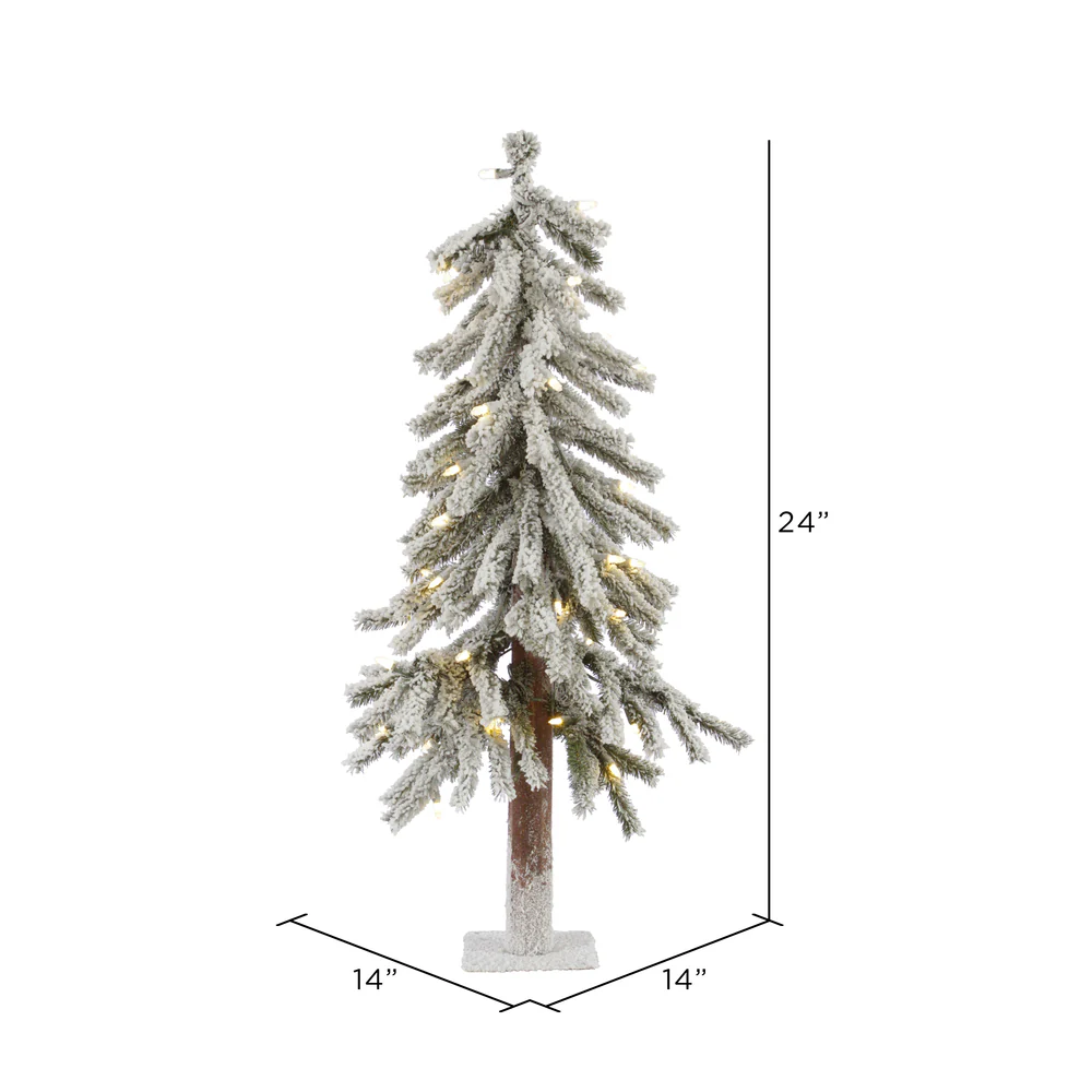 2'Hx14"W Flocked Natural Trunk Alpine Artificial Christmas Tree, LED Pre-Lit -White/Green - Image 2