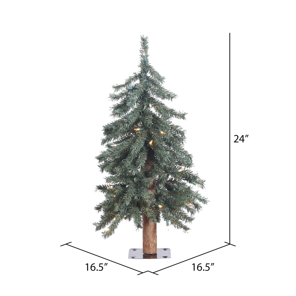 2'Hx16"W Natural Trunk With Bark Alpine Artificial Christmas Tree, LED Pre-Lit -Green - Image 3