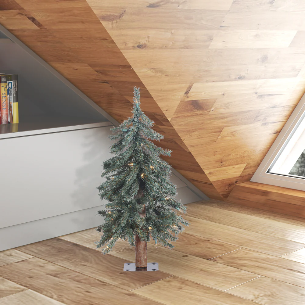 2'Hx16"W Natural Trunk With Bark Alpine Artificial Christmas Tree, LED Pre-Lit -Green - Image 4