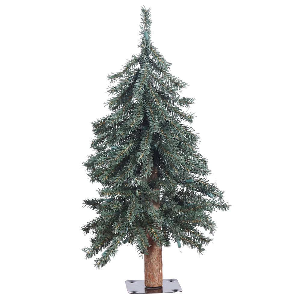 2'Hx16"W Natural Trunk With Bark Alpine Artificial Christmas Tree, Unlit -Green