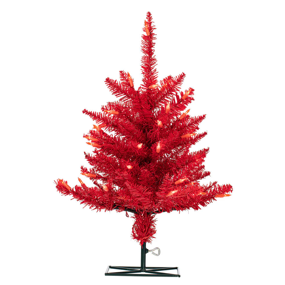 2'Hx20"W Fir Artificial Christmas Tree, LED Pre-Lit (Red) -Red