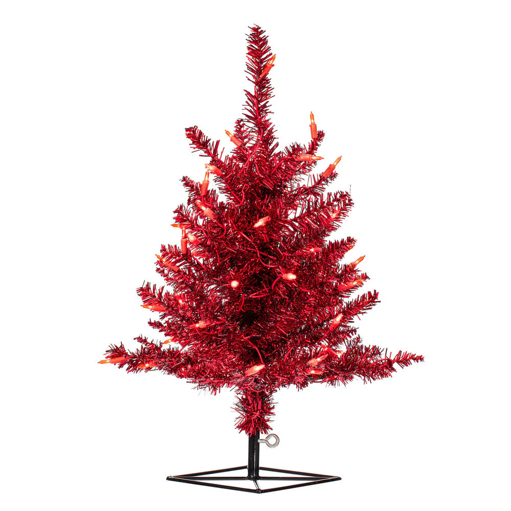 2'Hx20"W Tinsel Fir Artificial Christmas Tree, LED Pre-Lit (Red) -Red