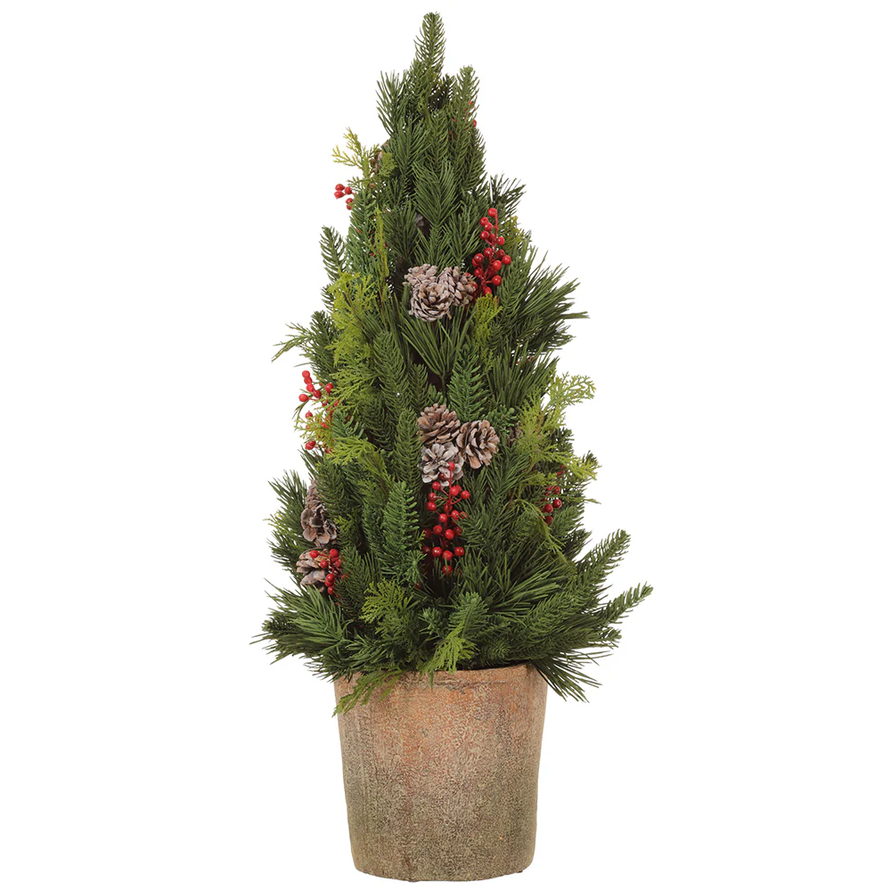30.5" Berry, Pinecone & Pine Cone-Shaped Artificial Topiary w/Ceramic Vase -Red/Brown