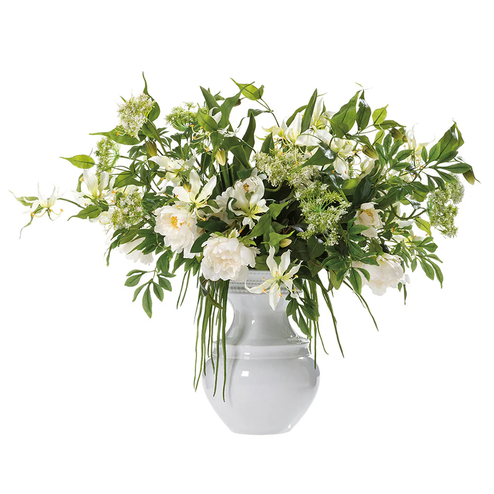 30.5"Hx40"W Mixed Gloriosa, Peony & Queen Anne Lace Silk Flower Arrangement w/Ceramic Vase -White/Green
