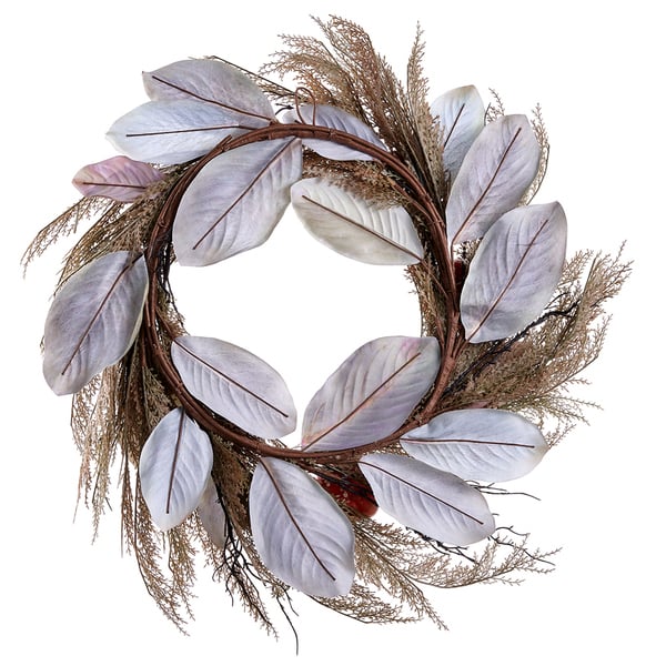 30" Artificial Pumpkin, Magnolia Leaf & Grass Wreath -Orange/Gray - Image 2