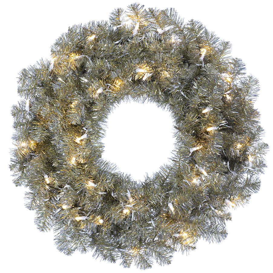 30" Artificial Tinsel Wreath, LED Pre-Lit -Platinum (Pack of 4)