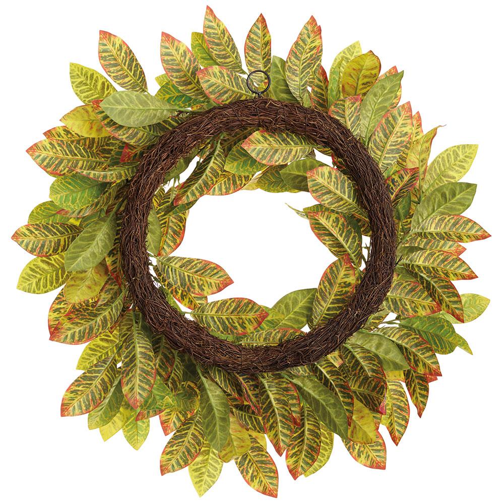 30" Croton Leaf Silk Wreath -Green/Red (Pack of 2) - Image 2