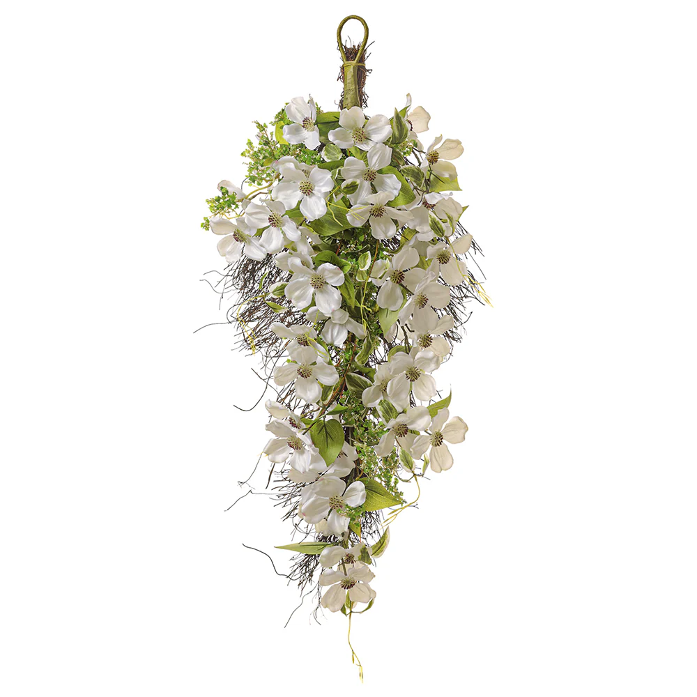 30" Dogwood Blossom Silk Flower Teardrop Swag -White/Green (Pack of 2)