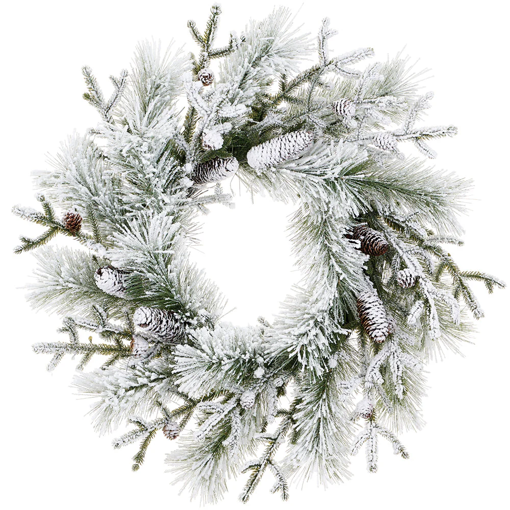30" Flocked Artificial Pine & Pinecone Wreath -White (Pack of 4)