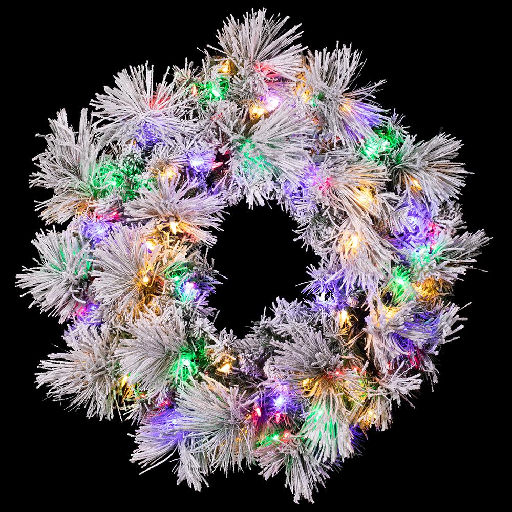 30" Flocked Pine Artificial Wreath, LED Pre-Lit (Multi-Mode) -Green/Snow (Pack of 2) - Image 2