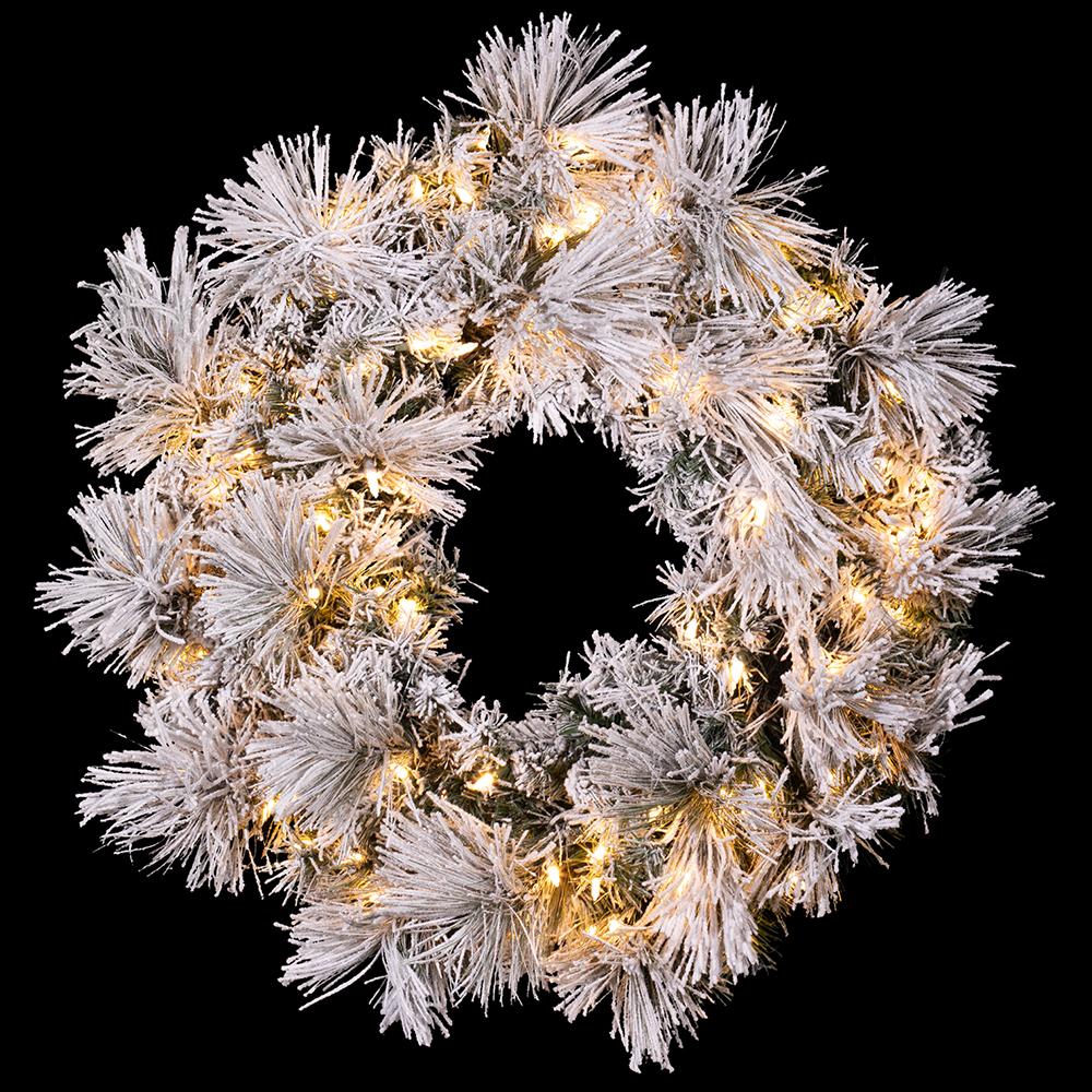 30" Flocked Pine Artificial Wreath, LED Pre-Lit (Multi-Mode) -Green/Snow (Pack of 2) - Image 3