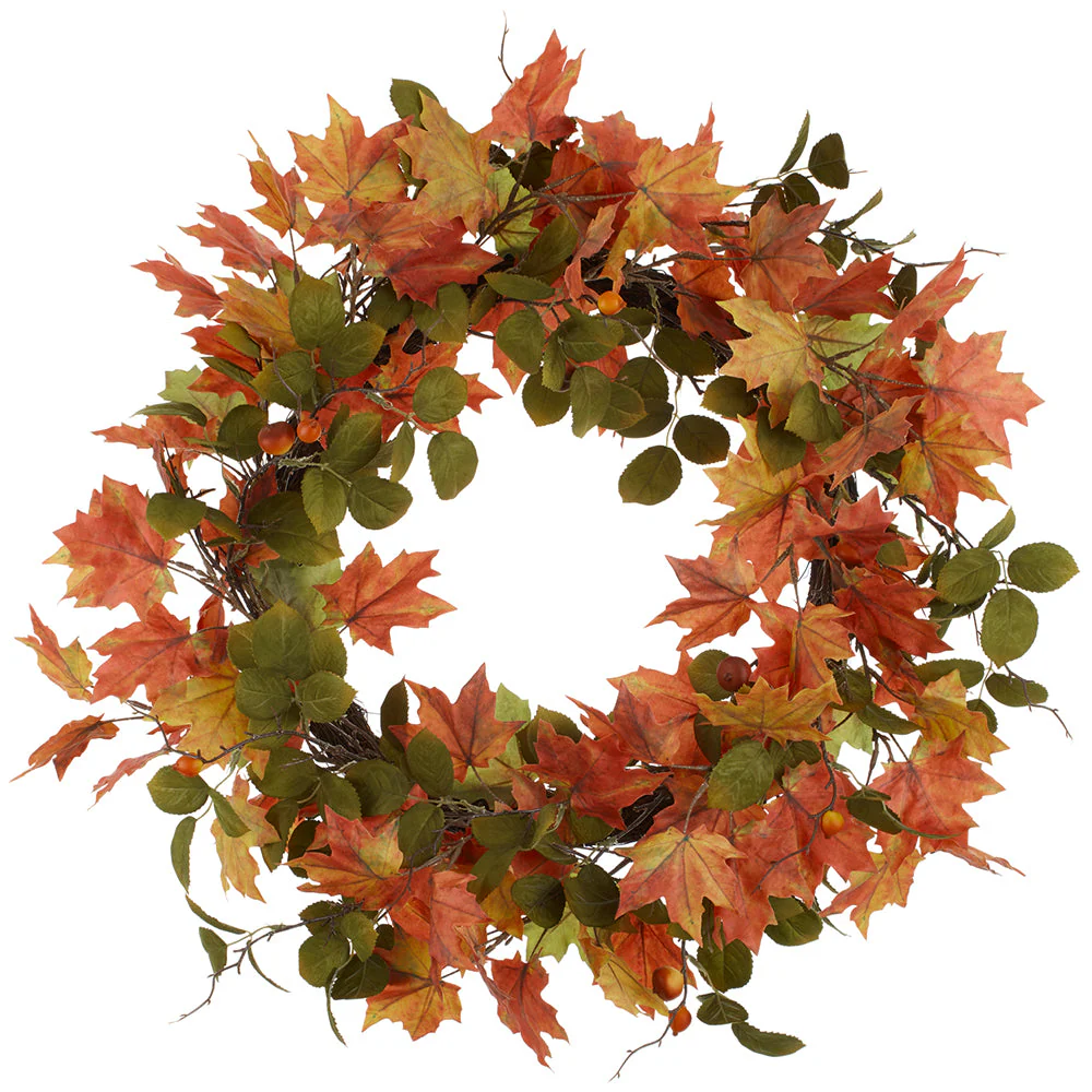 30" Maple Leaf & Rosehip Silk Wreath -Fall (Pack of 2)