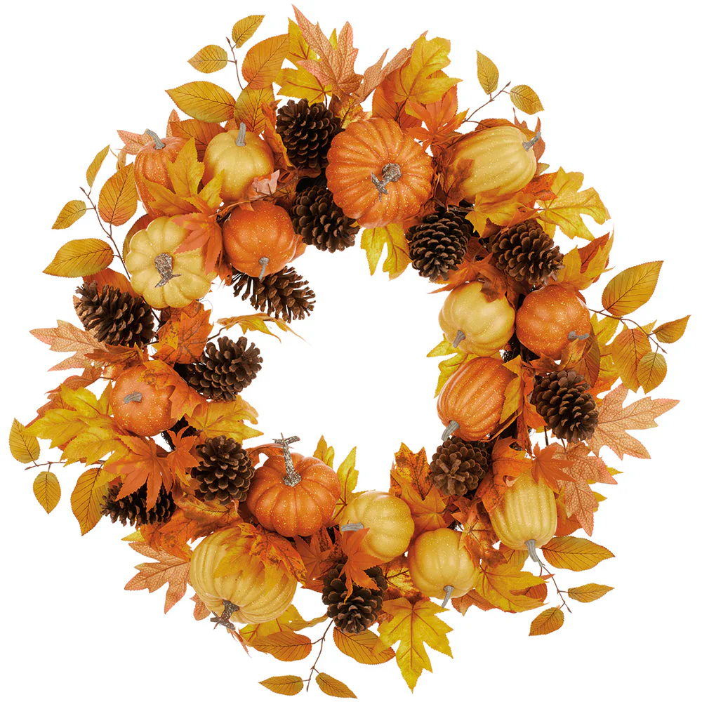 30" Mixed Pumpkin, Pinecone & Maple Leaf Artificial Wreath -Orange/Brown (Pack of 2)