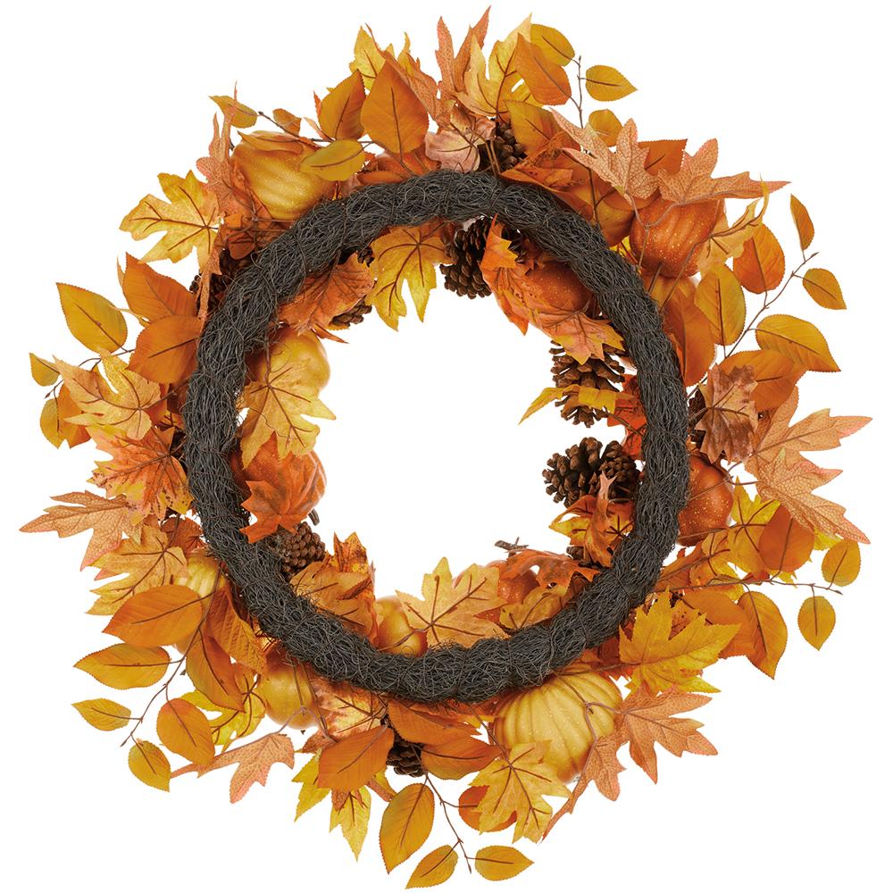 30" Mixed Pumpkin, Pinecone & Maple Leaf Artificial Wreath -Orange/Brown (Pack of 2) - Image 2