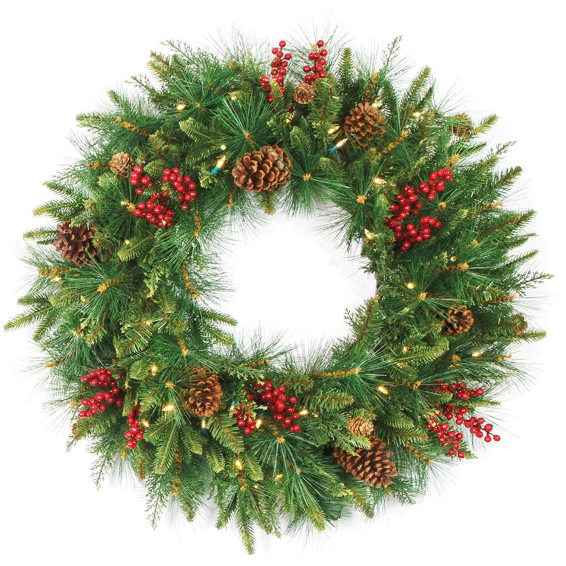 30" PE Artificial Mixed Oakhaven Wreath, Battery LED Pre-Lit -Green/Red