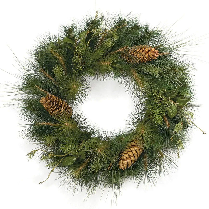 30" PE Artificial Mixed Sugar Pine, Pinecone, Berry & Laurel Wreath -Green (Pack of 2)